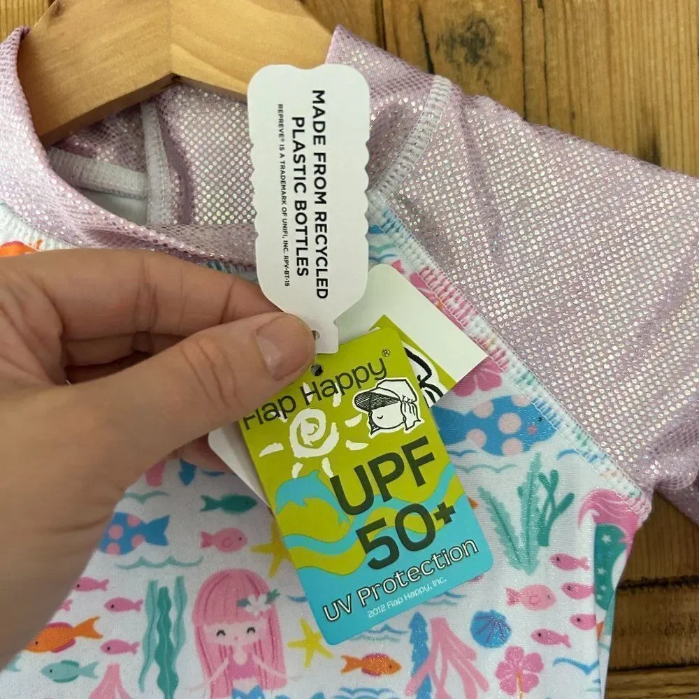 NWT FlapHappy 18M‎ UPF 50+ Rashguard Swimsuit Mermaid Fish Glitter Pink Baby